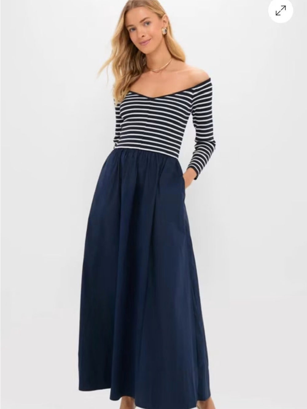 Tuckernuck Navy and Black Striped Off-Shoulder Maxi Dress